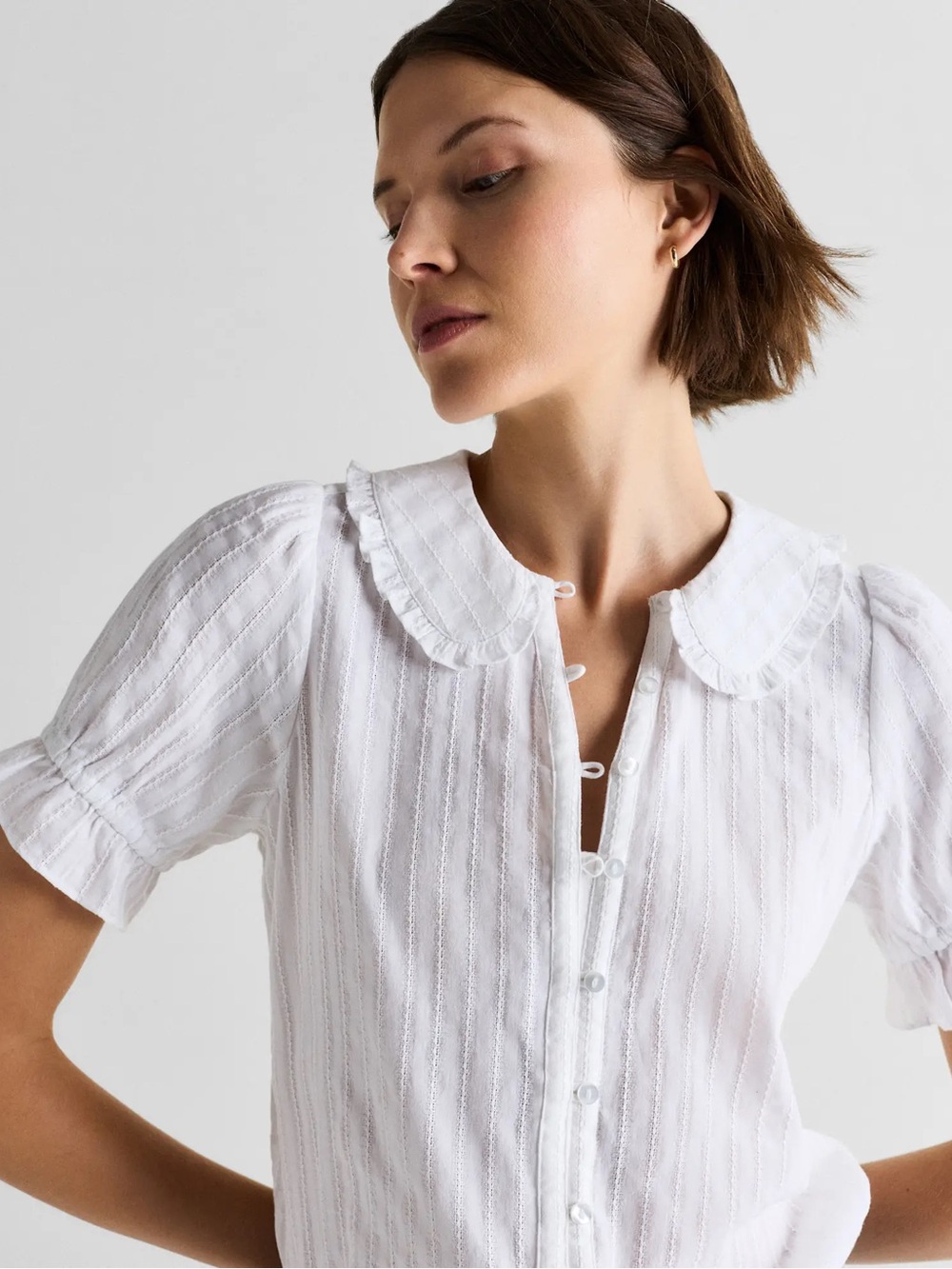 Embroidered Cotton Ruffle Collar Short Sleeve Blouse